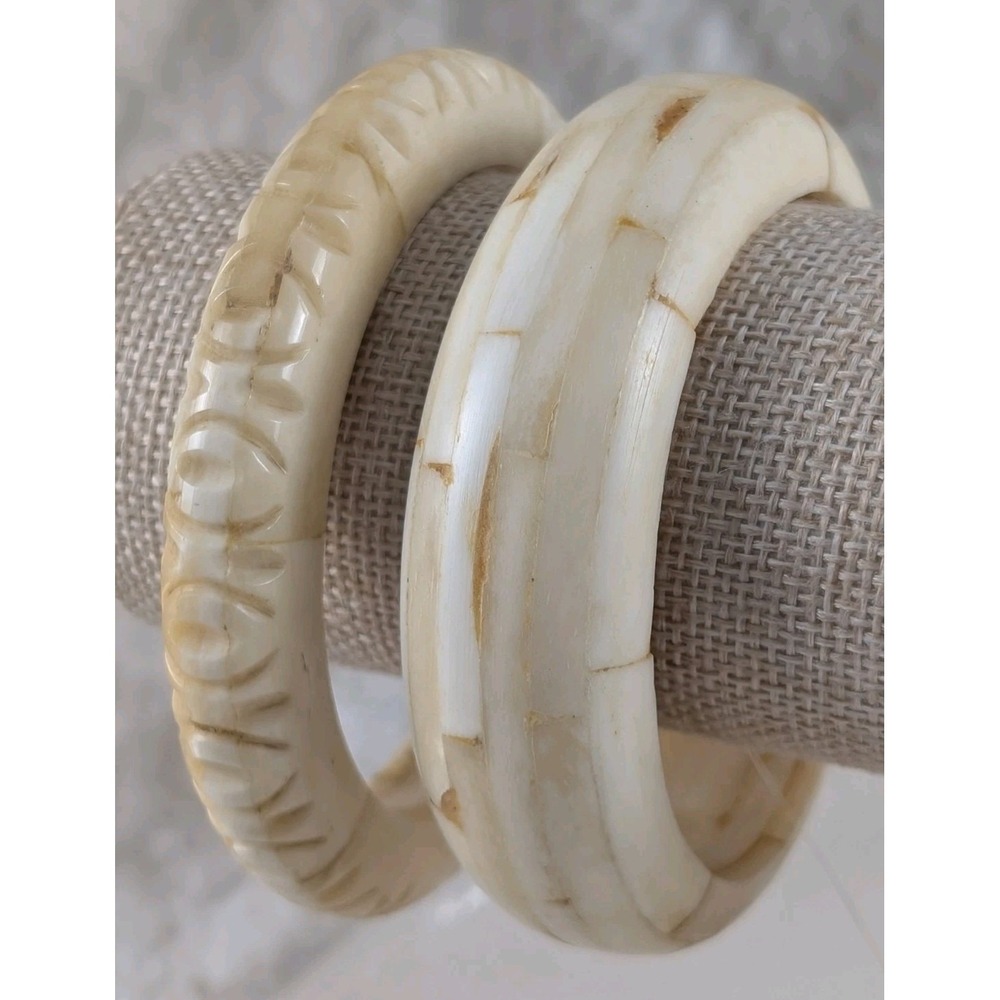 Vintage Cream Carved Bangle Bracelet Set of 2 Floral Segmented Boho